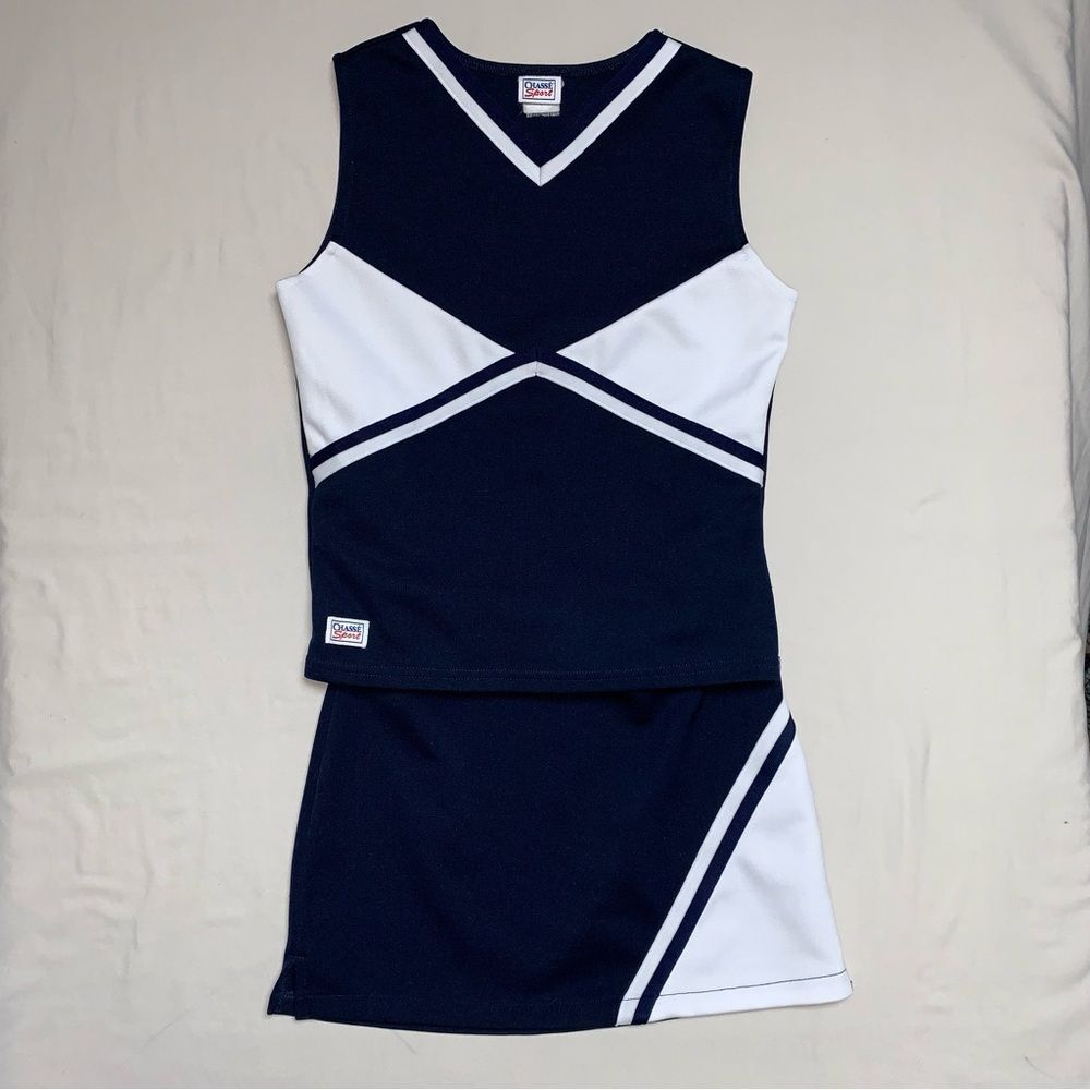 Cheerleader Costumer Girl’s Large 6-9Halloween Play Dress Up Navy Blue White Pep